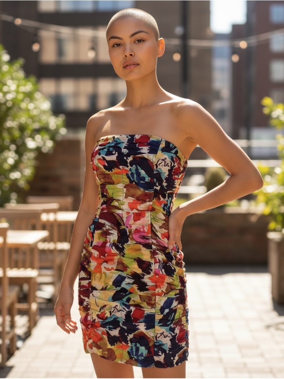 BB Dakota Multicolored Floral Strapless Ruched Mini Statement Bodycon Dress